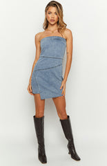 Jasmine Mid Wash Denim Wrap Front Mini Dress