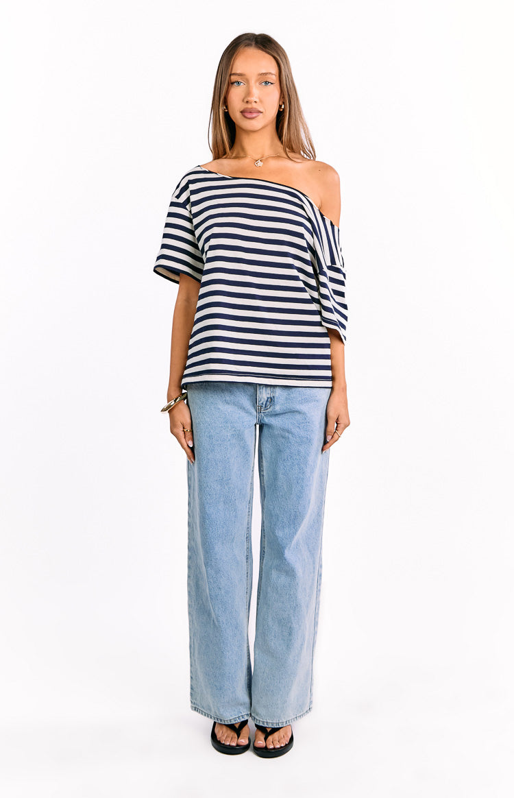 Kaiser Navy Stripe Off Shoulder Oversized Top