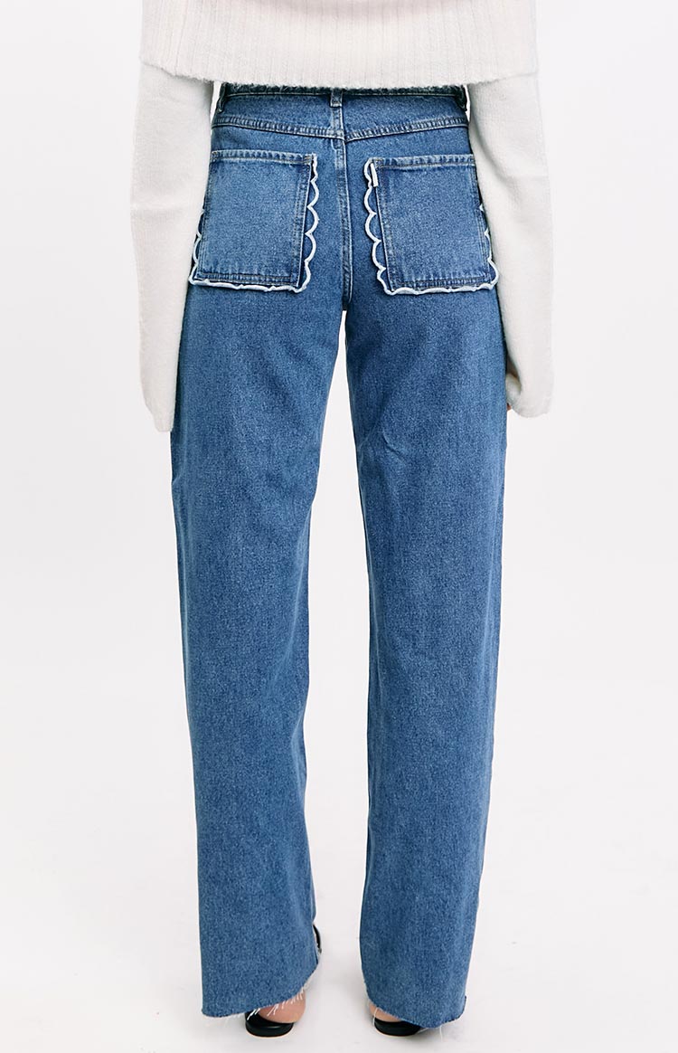 Kansis Mid Wash Scallop Pockets Uneven Waist Jeans