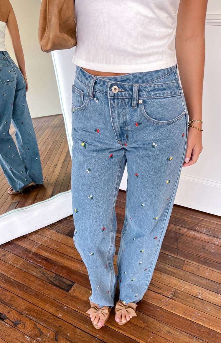 Kansis Blue Embroidered Uneven Waist Jeans