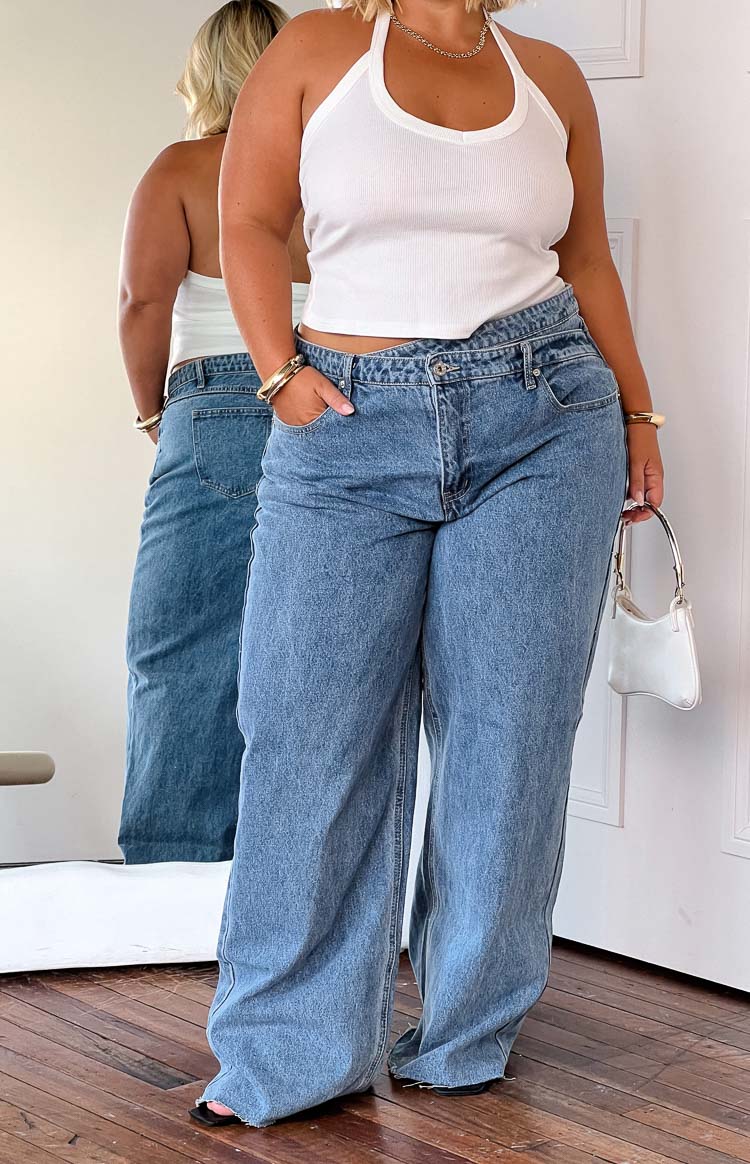 Kansis Blue Uneven Waist Jeans