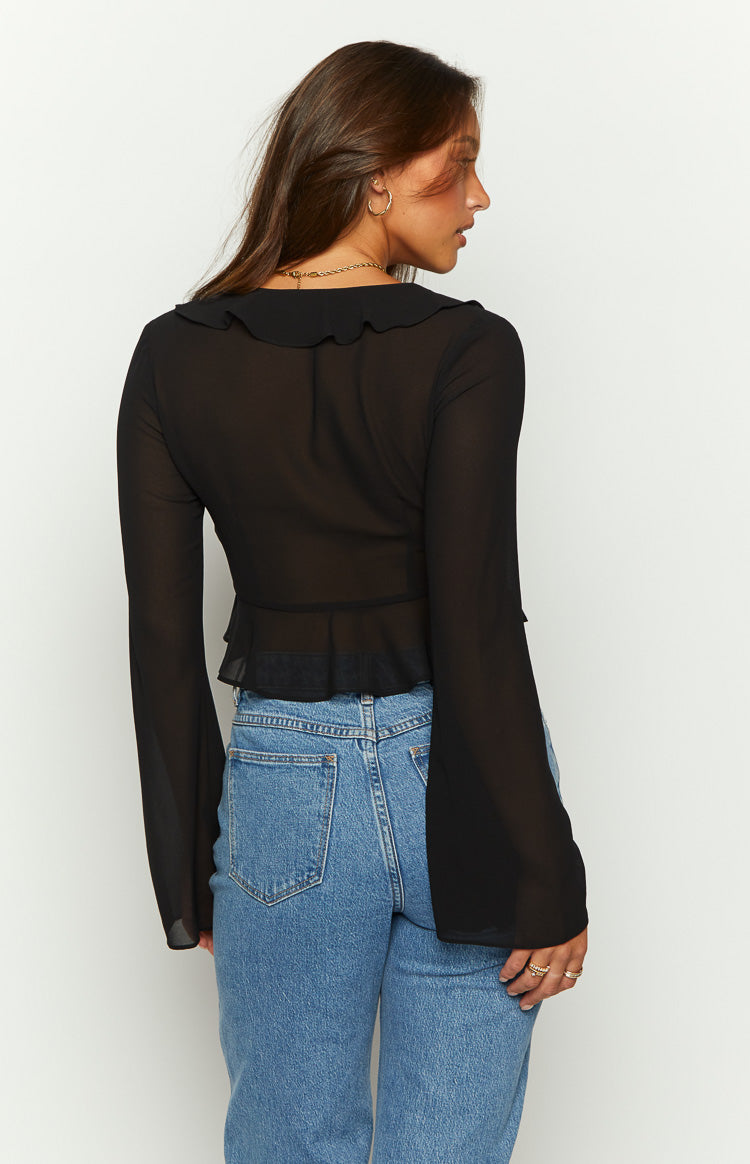 Kazan Black Frill Long Sleeve Top