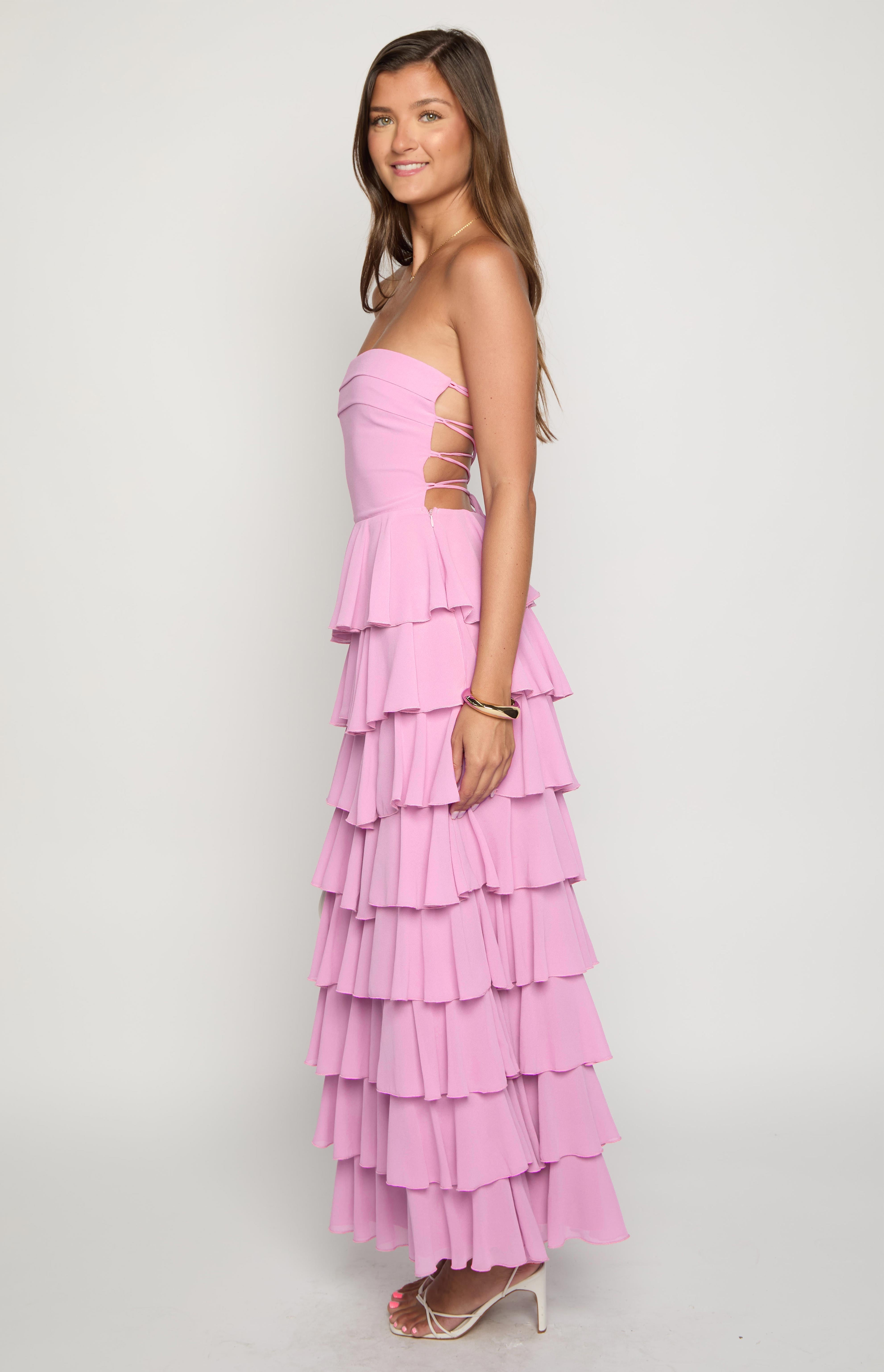 Kim Pink Strapless Ruffle Maxi Dress