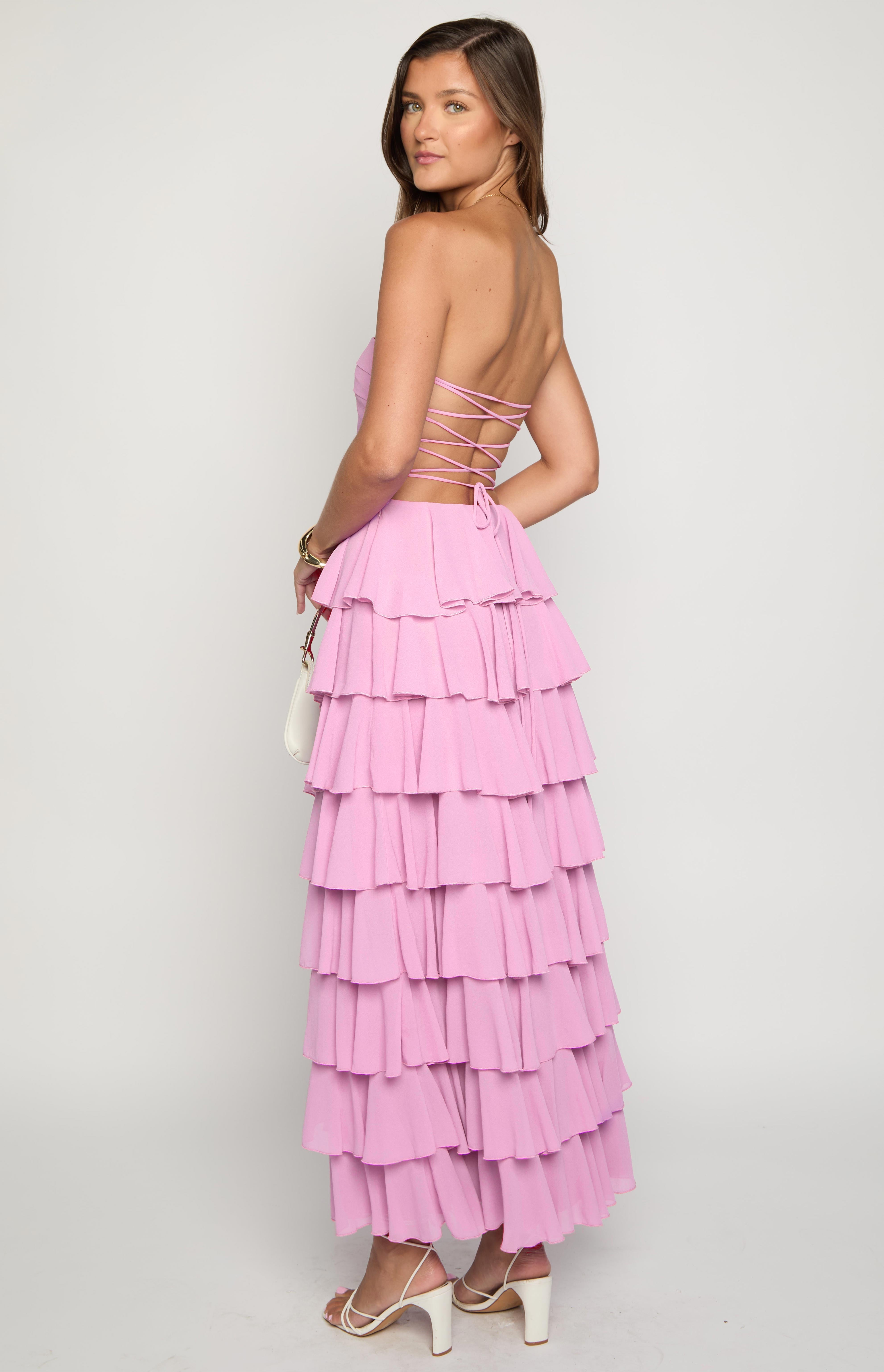 Kim Pink Strapless Ruffle Maxi Dress