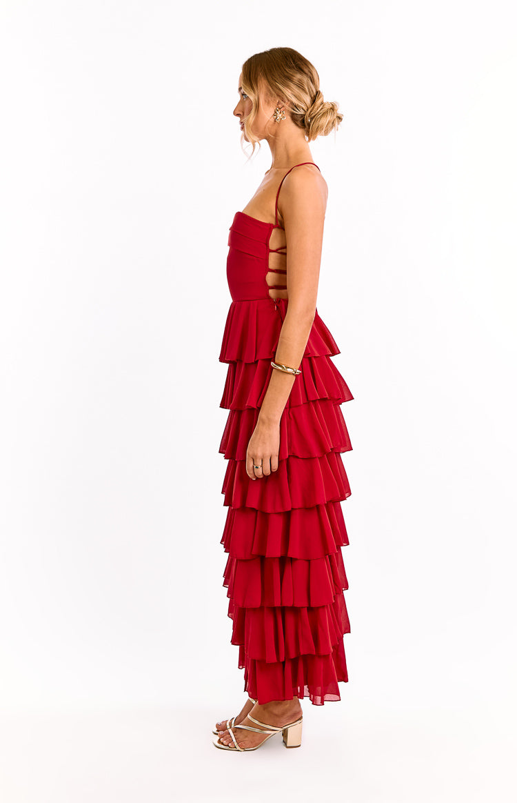 Kim Red Strapless Ruffle Maxi Dress