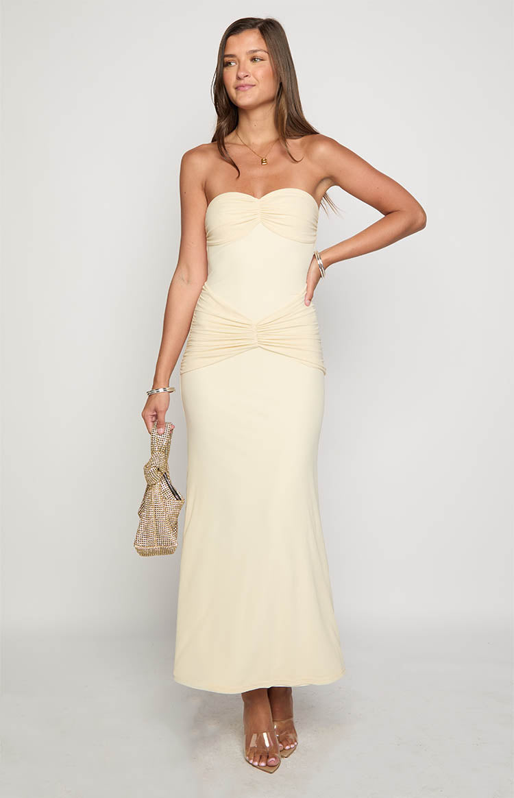 Krissy Cream Mesh Strapless Maxi Dress