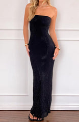 Lulana Black Strapless Rhinestone Maxi Dress
