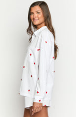 Margarita White Strawberry Embroidered Long Sleeve Shirt