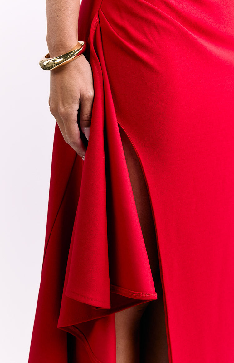 Merlo Red Crepe Strapless Formal Maxi Dress