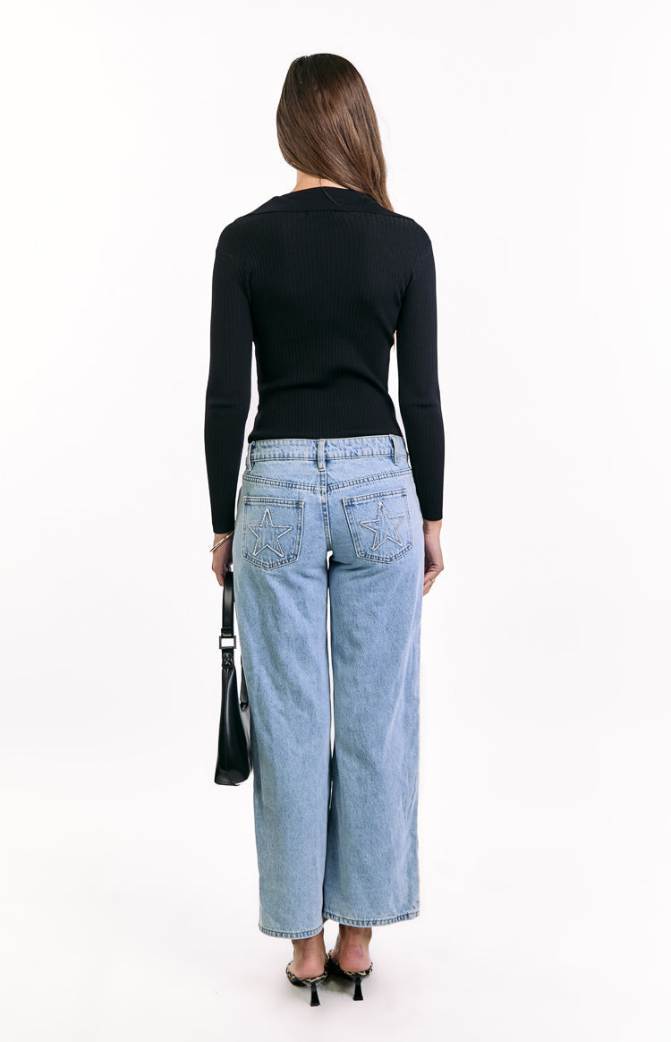 Nina Black Ribbed Knit Long Sleeve Sweater