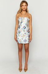 Orion White Italia Print Strapless Mini Dress