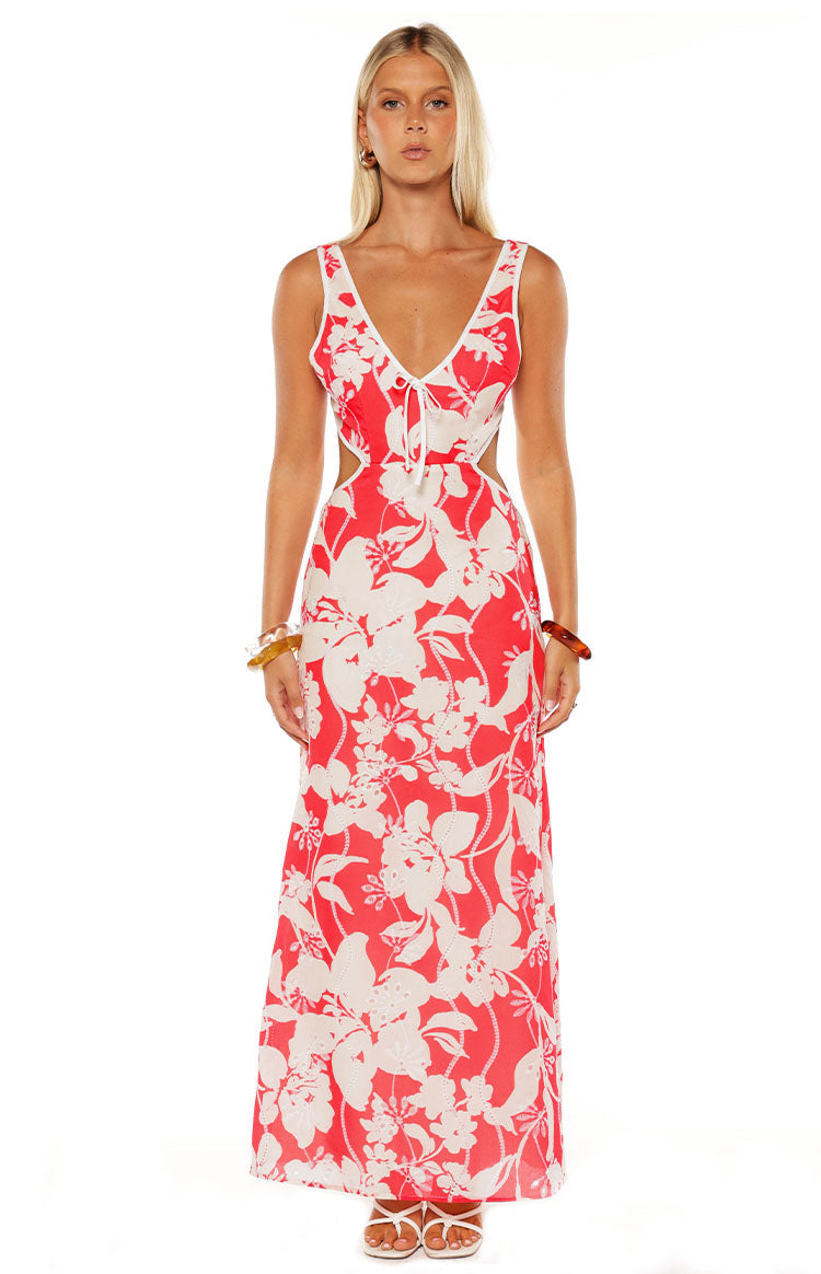 Perez Red Floral Cut Out Maxi Dress