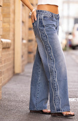 Posey Mid Wash Contrast Seam Wide Leg Jeans