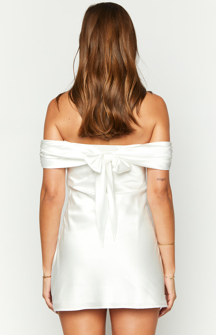 Primrose White Satin Off the Shoulder Mini Dress