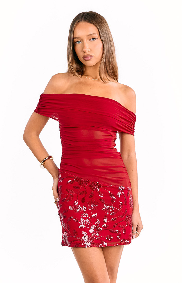 Rhea Red Sequin Mesh Mini Dress