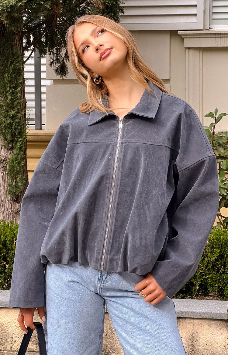 River Steel Grey Suedette Bubble Hem Bomber Jacket