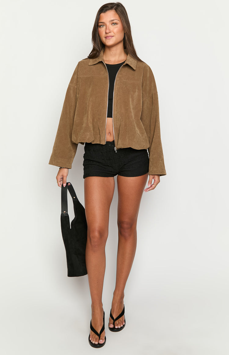 River Brown Suedette Bubble Hem Bomber Jacket
