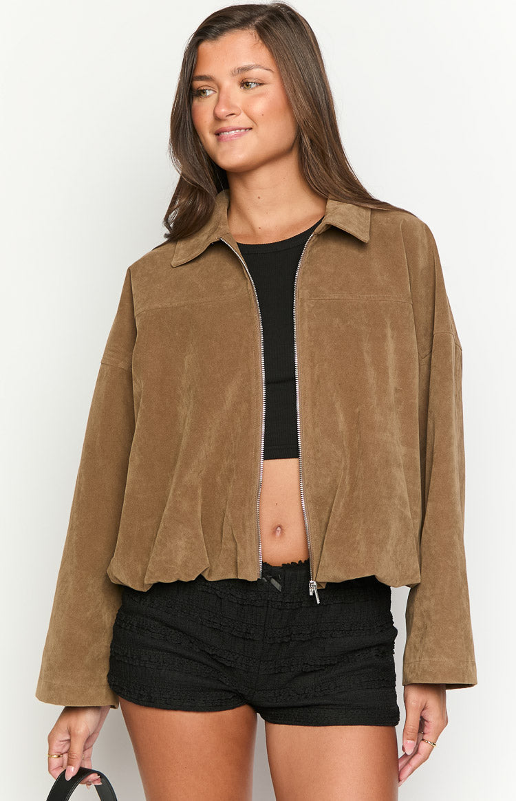 River Brown Suedette Bubble Hem Bomber Jacket