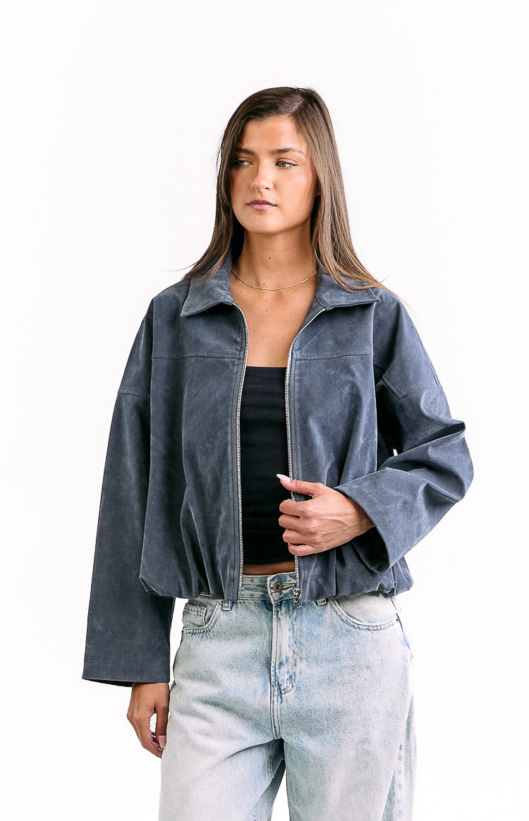 River Steel Grey Suedette Bubble Hem Bomber Jacket