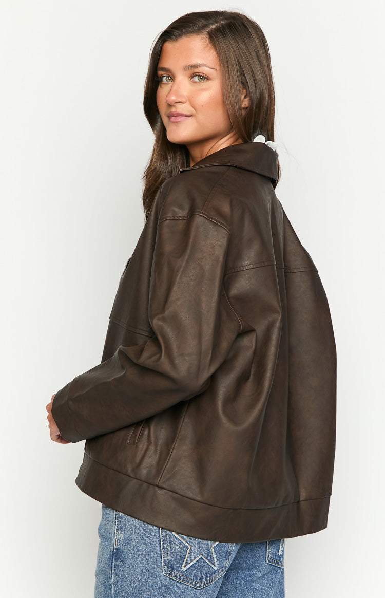 Rochelle PU Chocolate Brown Oversized Biker Jacket