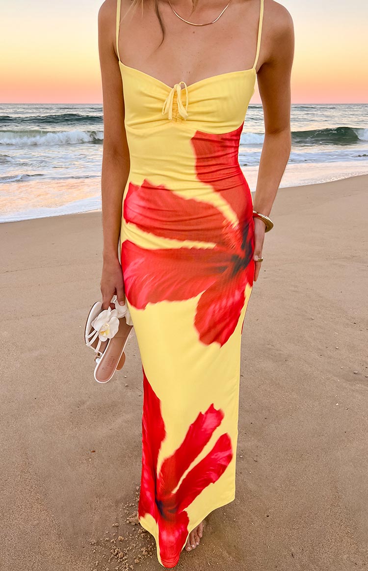 Rosalyn Yellow Hibiscus Print Maxi Dress