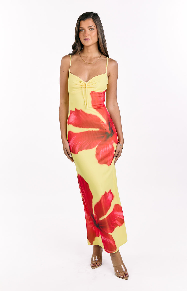 Rosalyn Yellow Hibiscus Print Maxi Dress