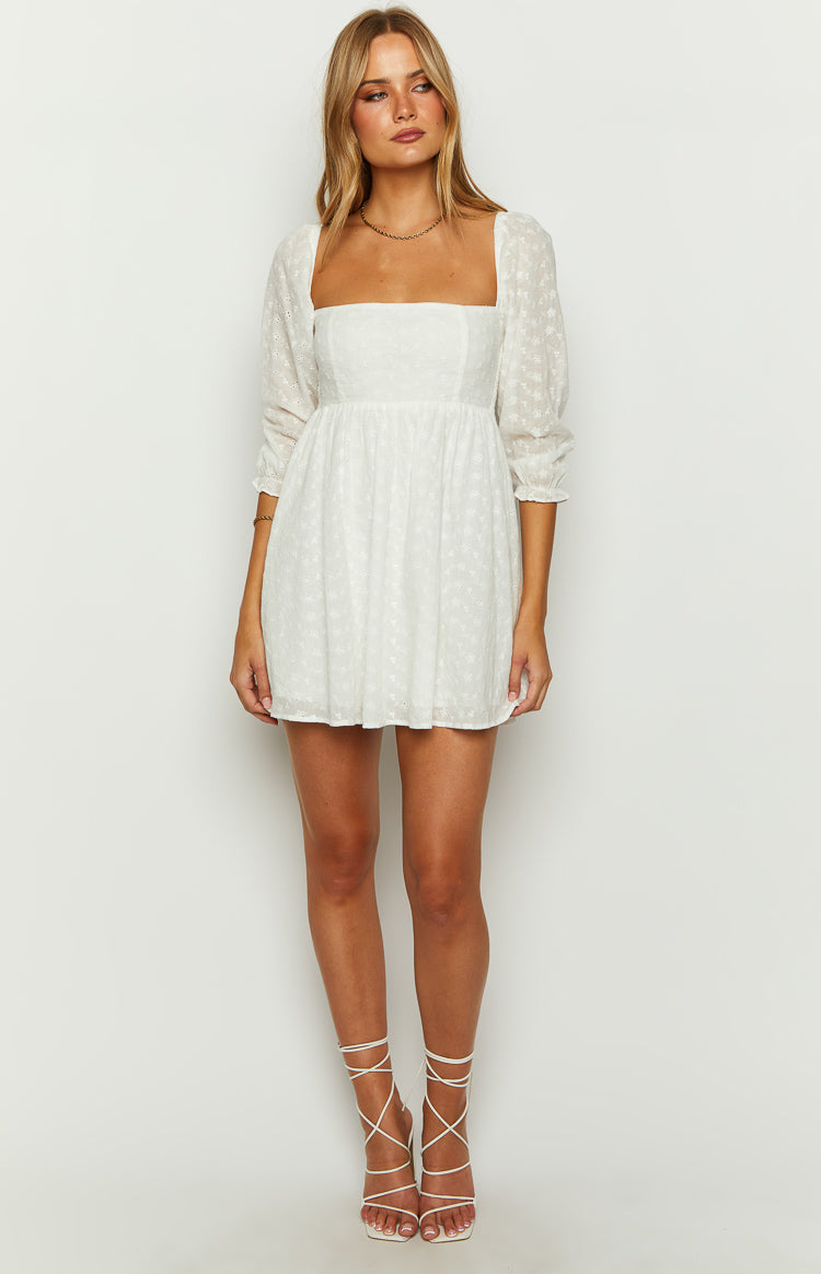 Rubi White Long Sleeve Broderie Mini Dress