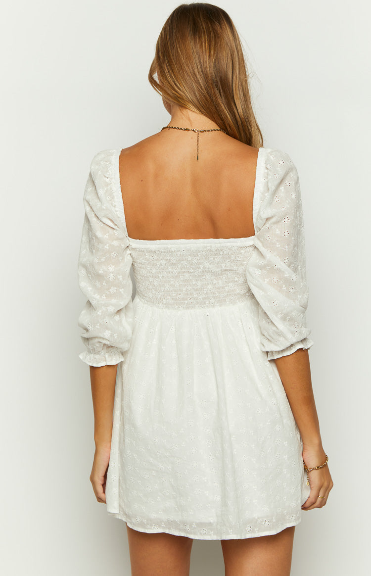 Rubi White Long Sleeve Broderie Mini Dress