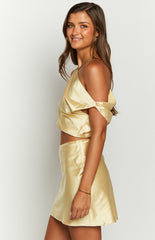 Scotlyn Yellow Satin Off The Shoulder Crop Top