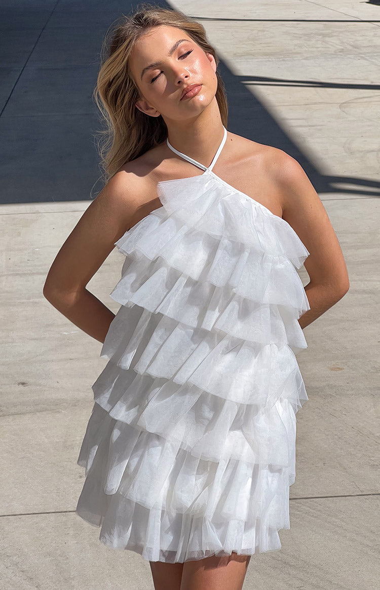 She's Here White Ruffle Mini Dress