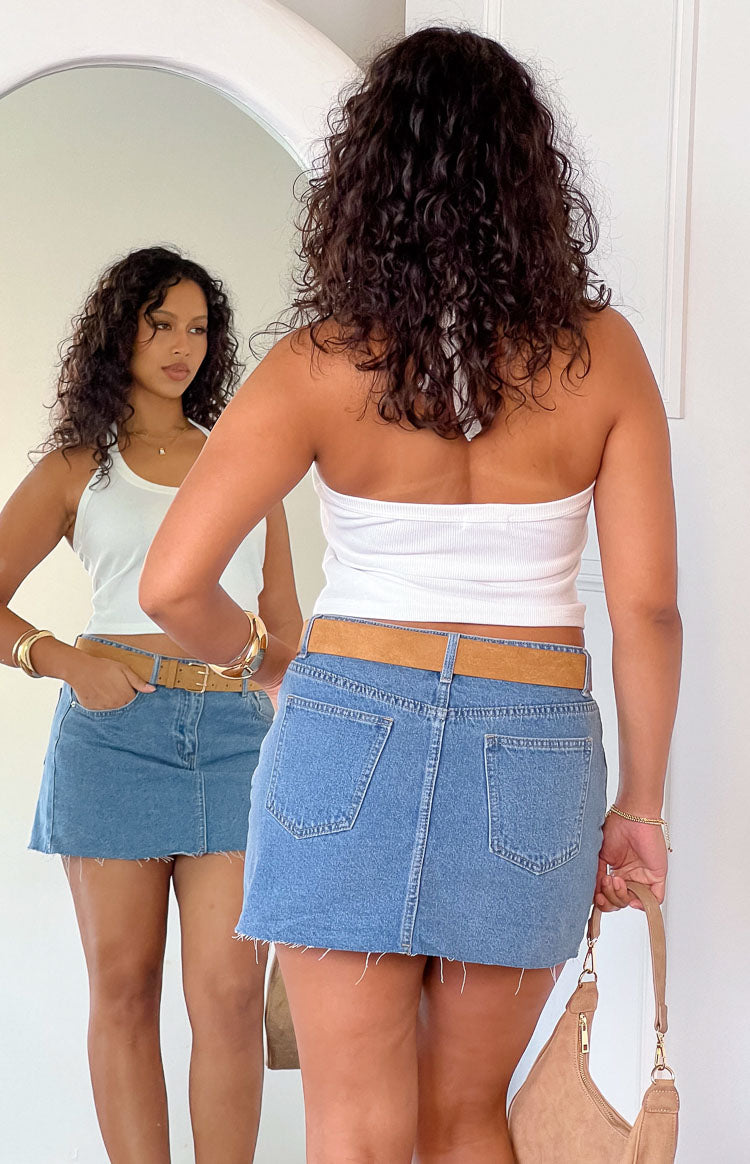 Siletto Mid Wash Denim Low Rise Mini Skirt