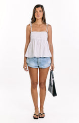 Solei White Ruched Tie Strap Top