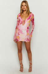 Surround Sound Pink Floral Mesh Long Sleeve Mini Dress