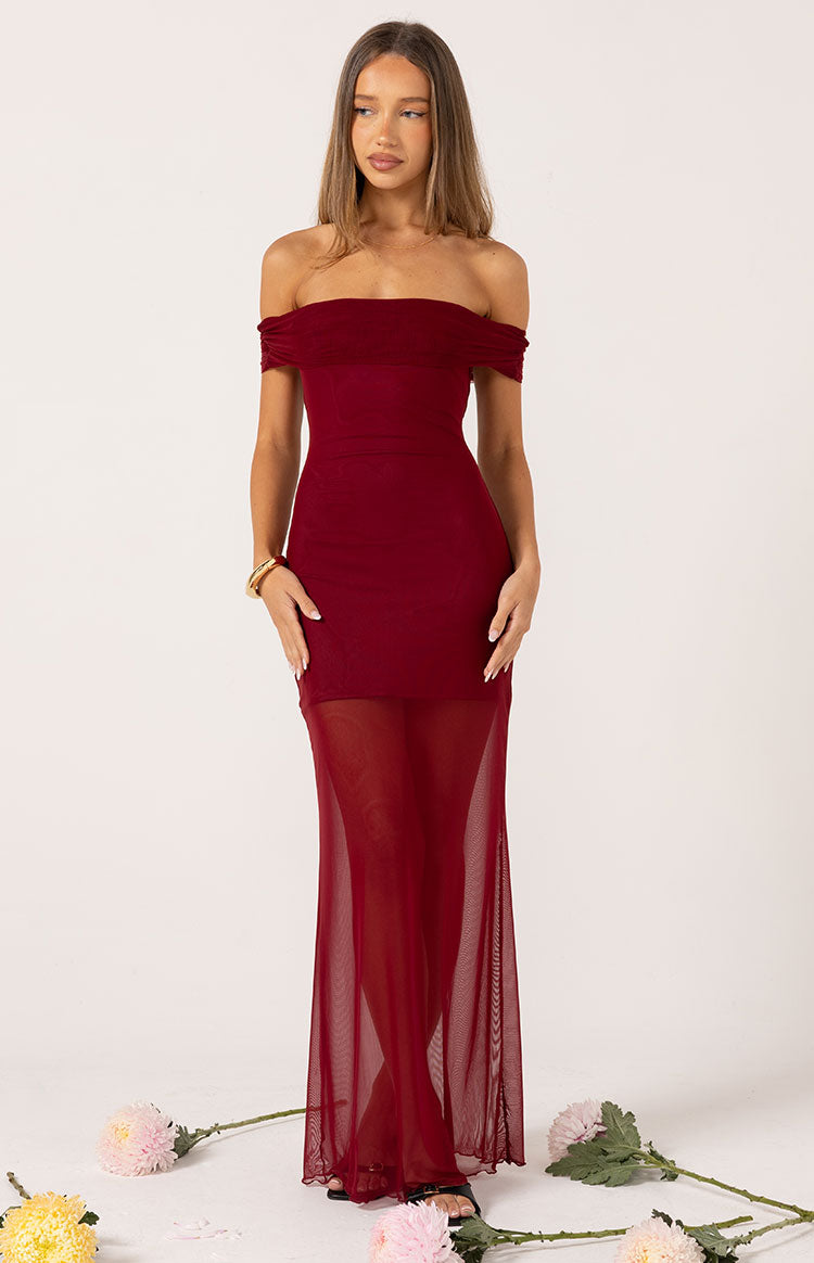 Tabitha Wine Off Shoulder Mesh Maxi Dress