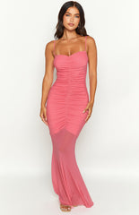 Veronica Pink Mesh Ruched Maxi Dress