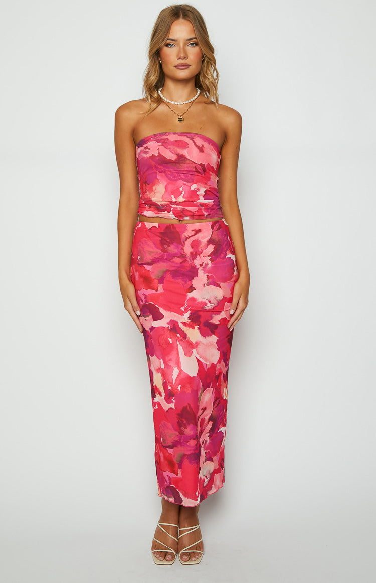 When in Rome Pink Print Mesh Maxi Skirt