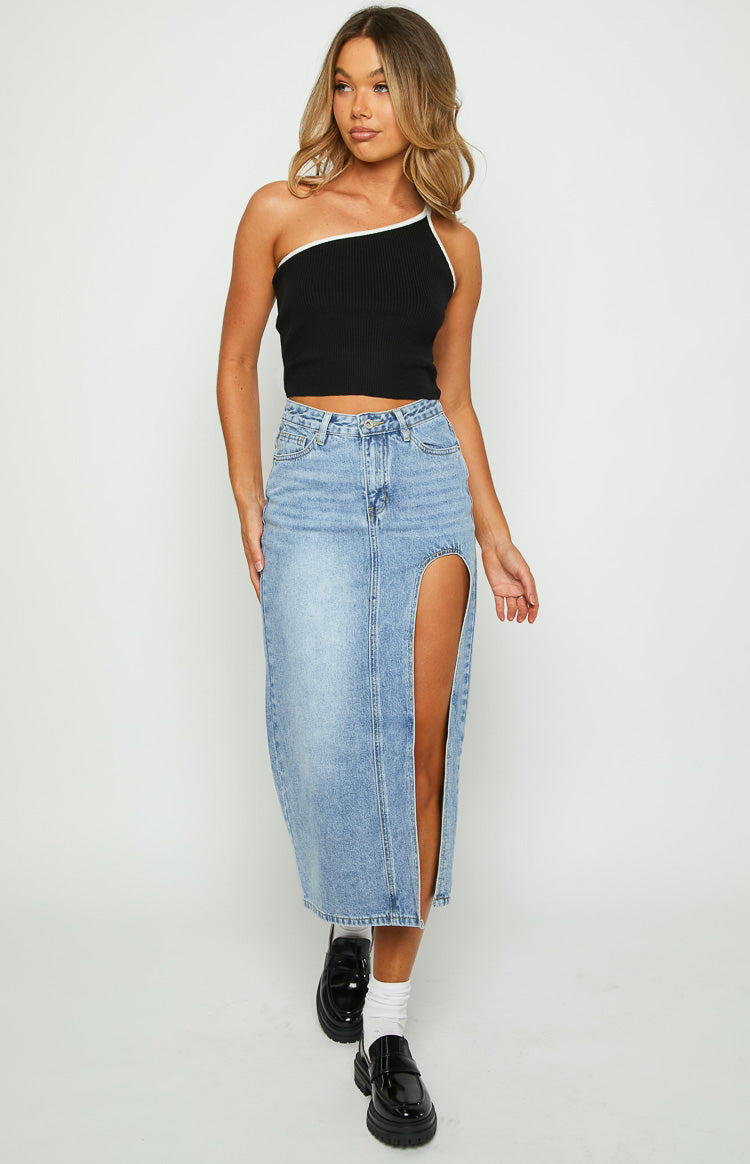 Kenzie Black Contrast Bind One Shoulder Top